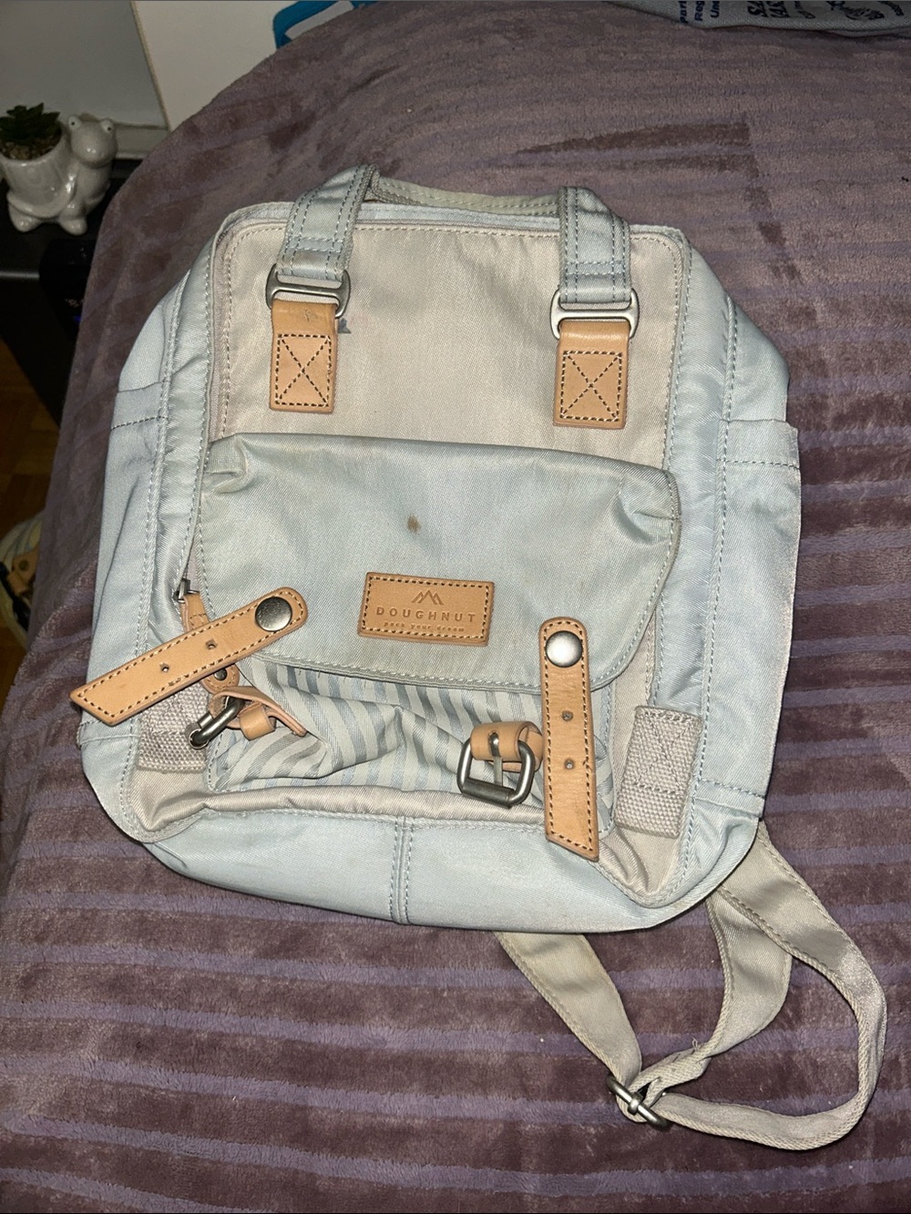 Doughnut Light Blue Canvas Backpack with Tan Accents